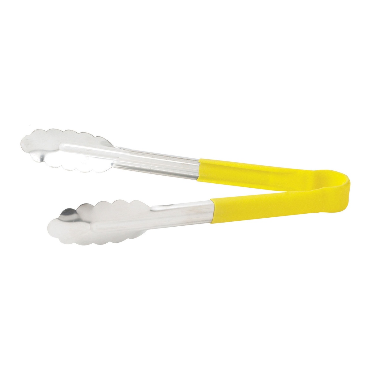 Winco UTPH-9Y 9-inch stainless steel utility tongs with yellow polypropylene handle and scalloped gripping ends