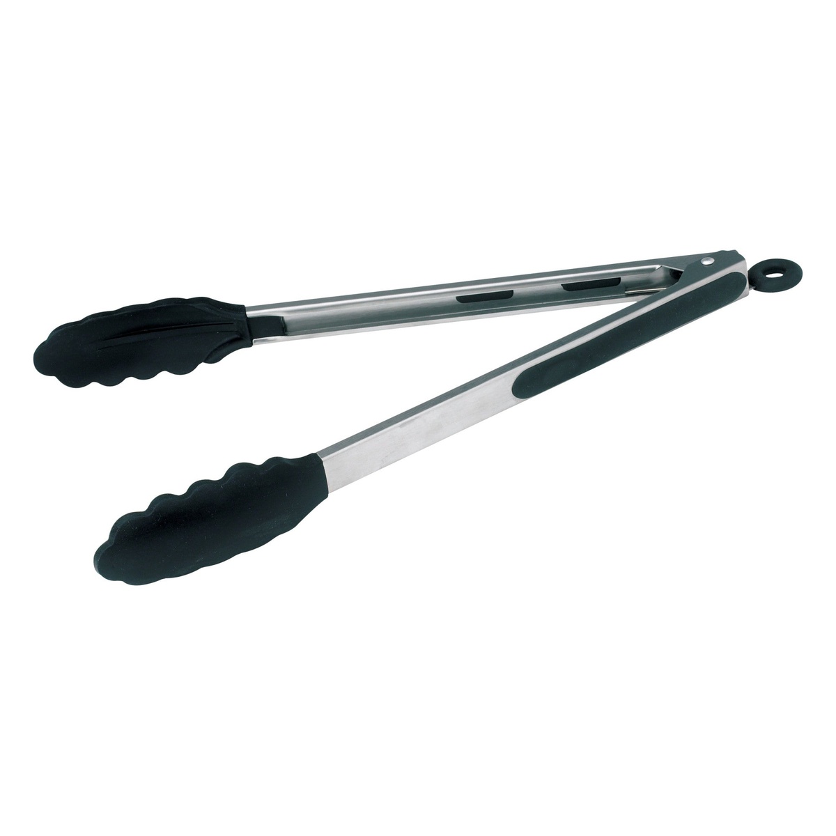 Winco UTS-12K 12-inch stainless steel utility tongs with black silicone tips and locking ring