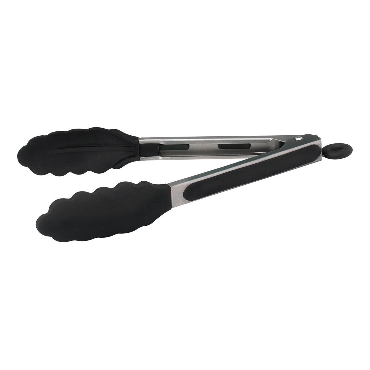 Winco UTS-9K 9-inch utility tongs open, showing black scalloped silicone tips and stainless steel body with locking clip