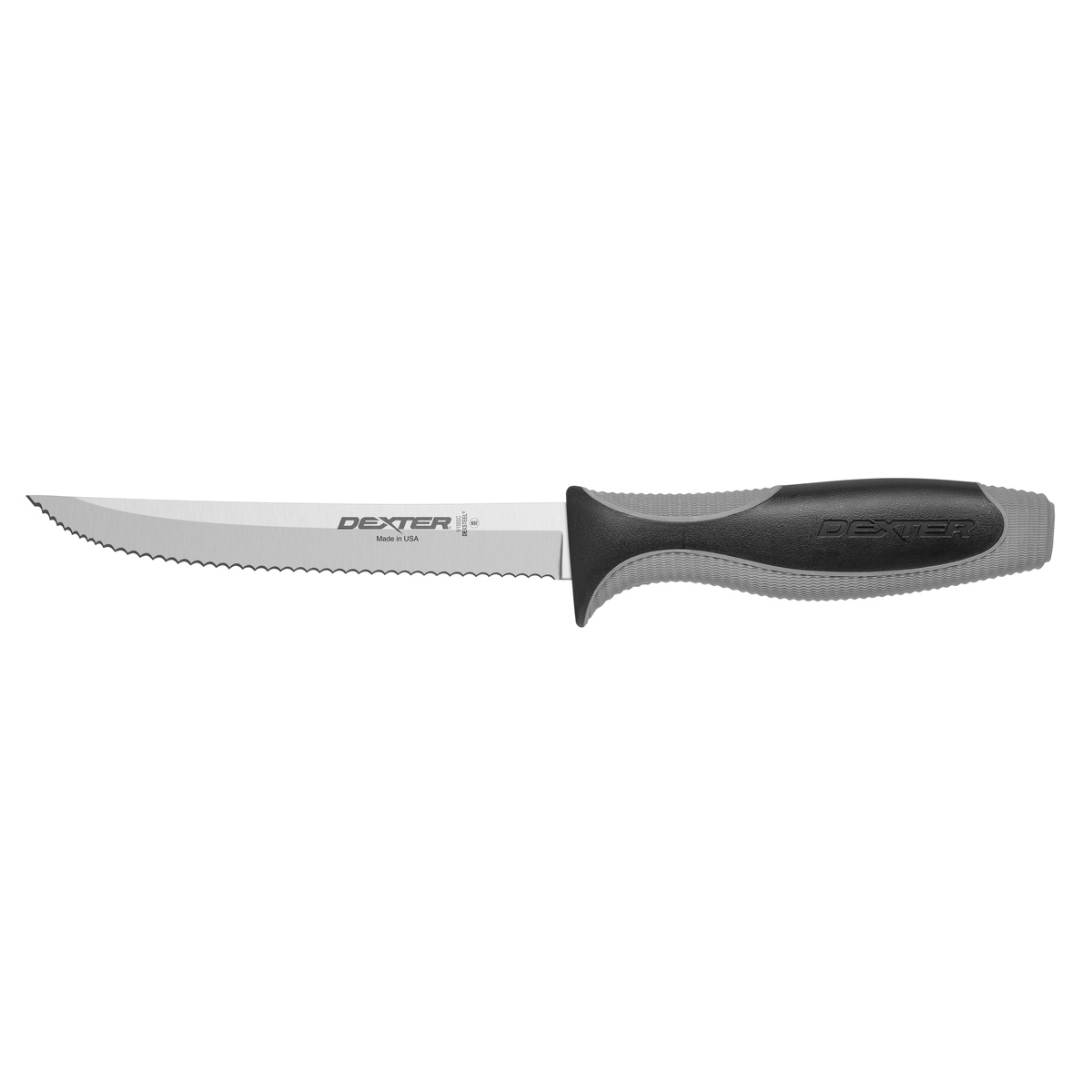 Dexter Russell V156SC-PCP V-Lo 6-inch scalloped utility knife with dual-textured black and gray ergonomic handle