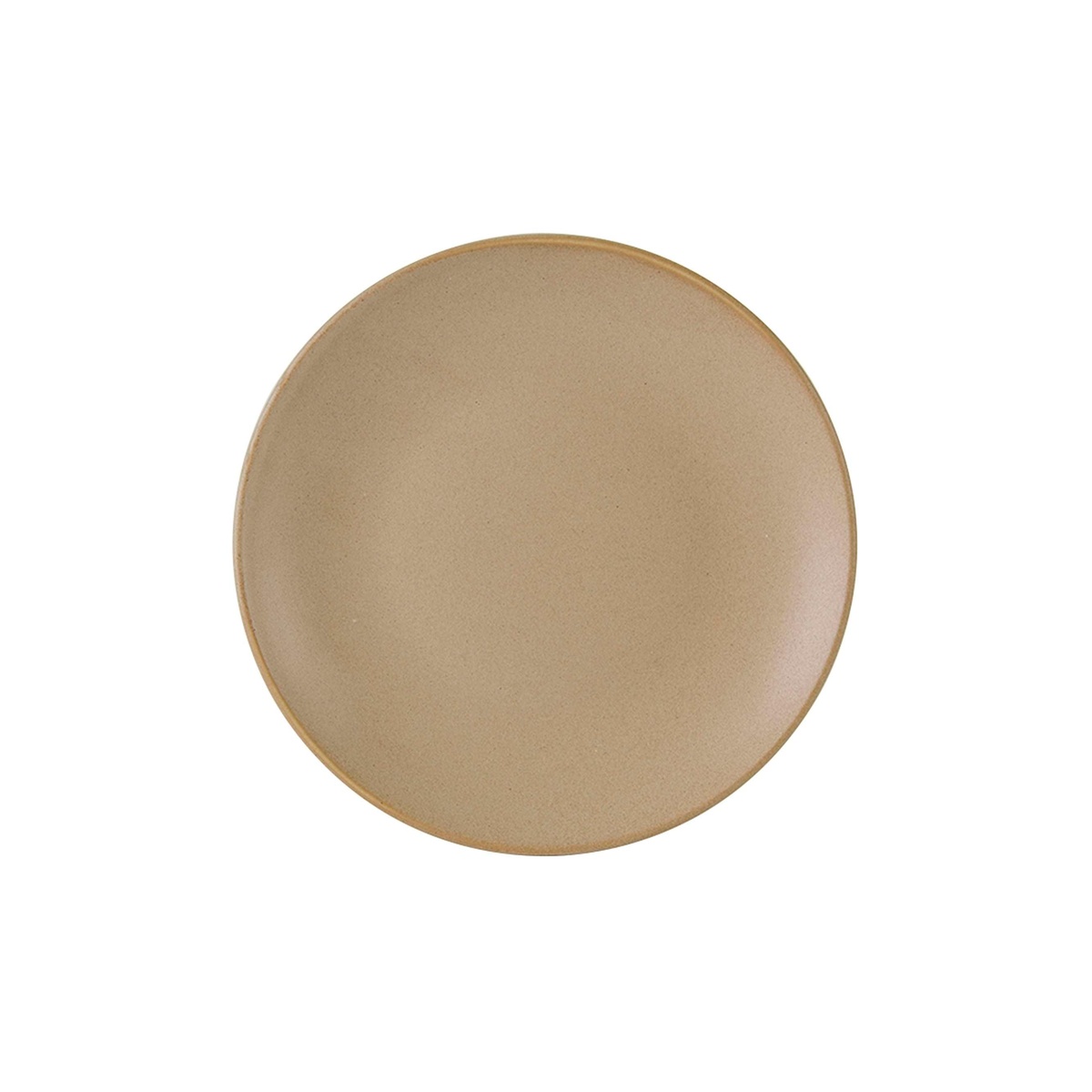 Tuxton TuxTrendz Zion 8-inch matte beige round coupe china plate, top view on white background