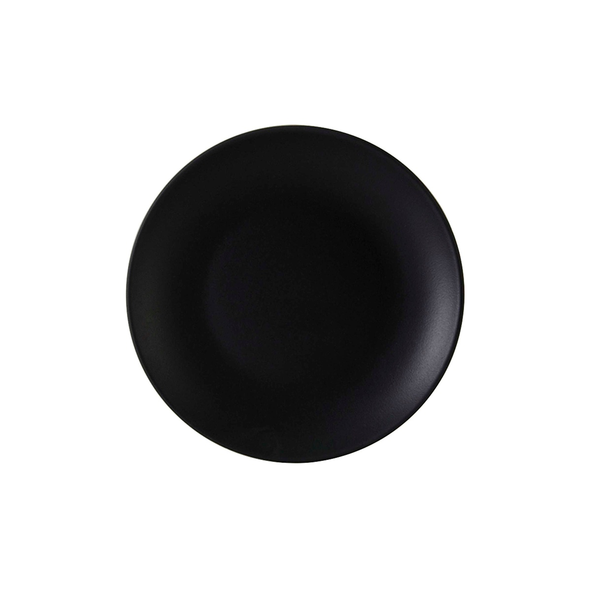 Tuxton TuxTrendz Zion 8-inch matte black round coupe china plate, top view on white background