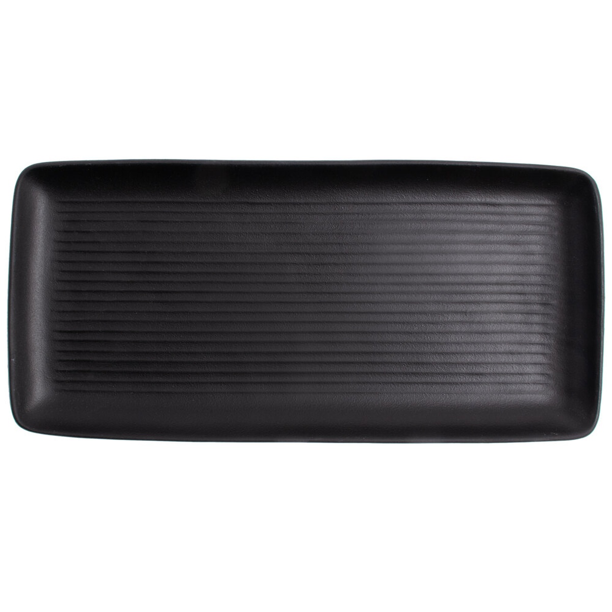 Tuxton TuxTrendz Zion matte black 14-inch rectangular embossed china tray, top-down view on white background