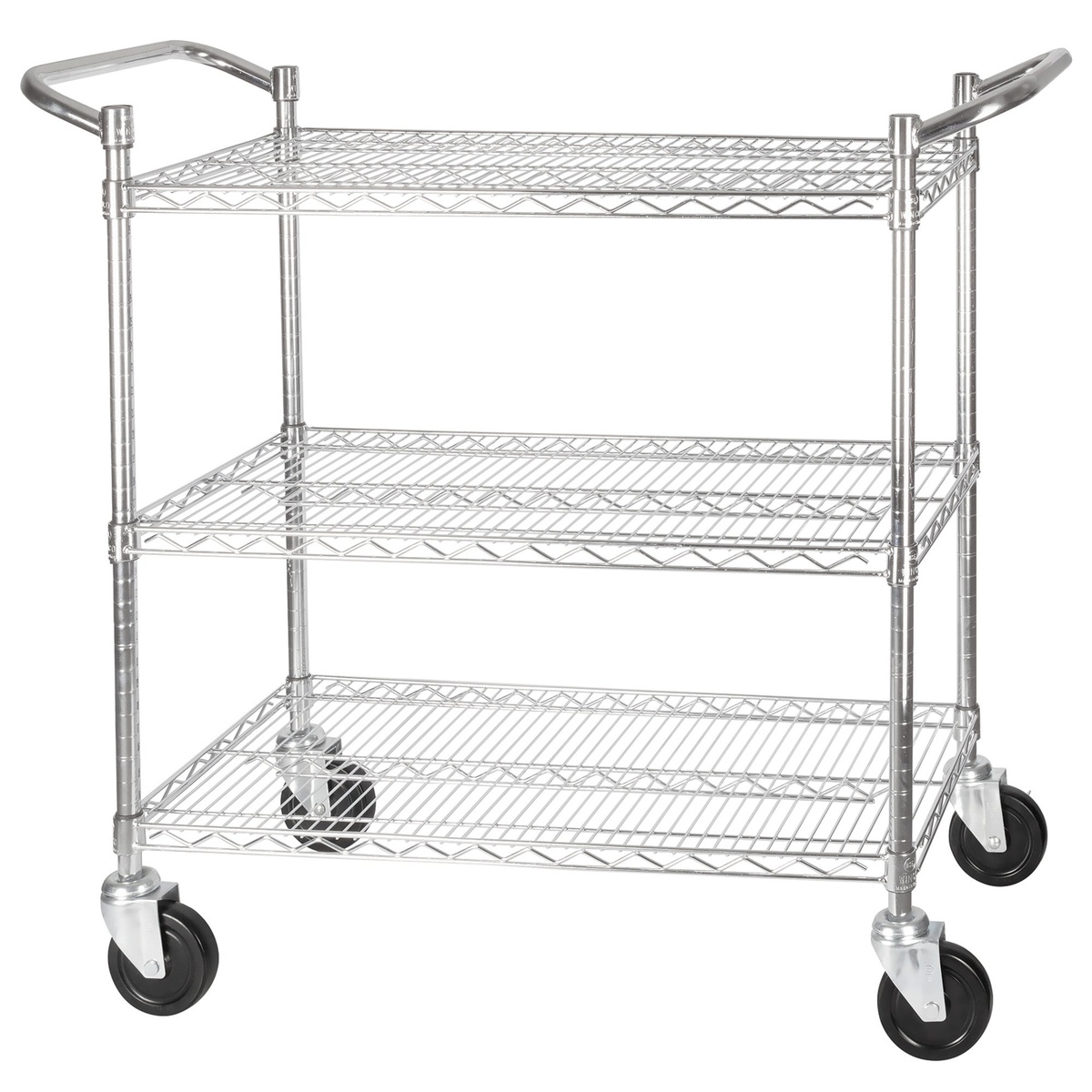 Winco VCCD-1836B 3-tier chrome plated wire shelving cart with double handles and swivel casters