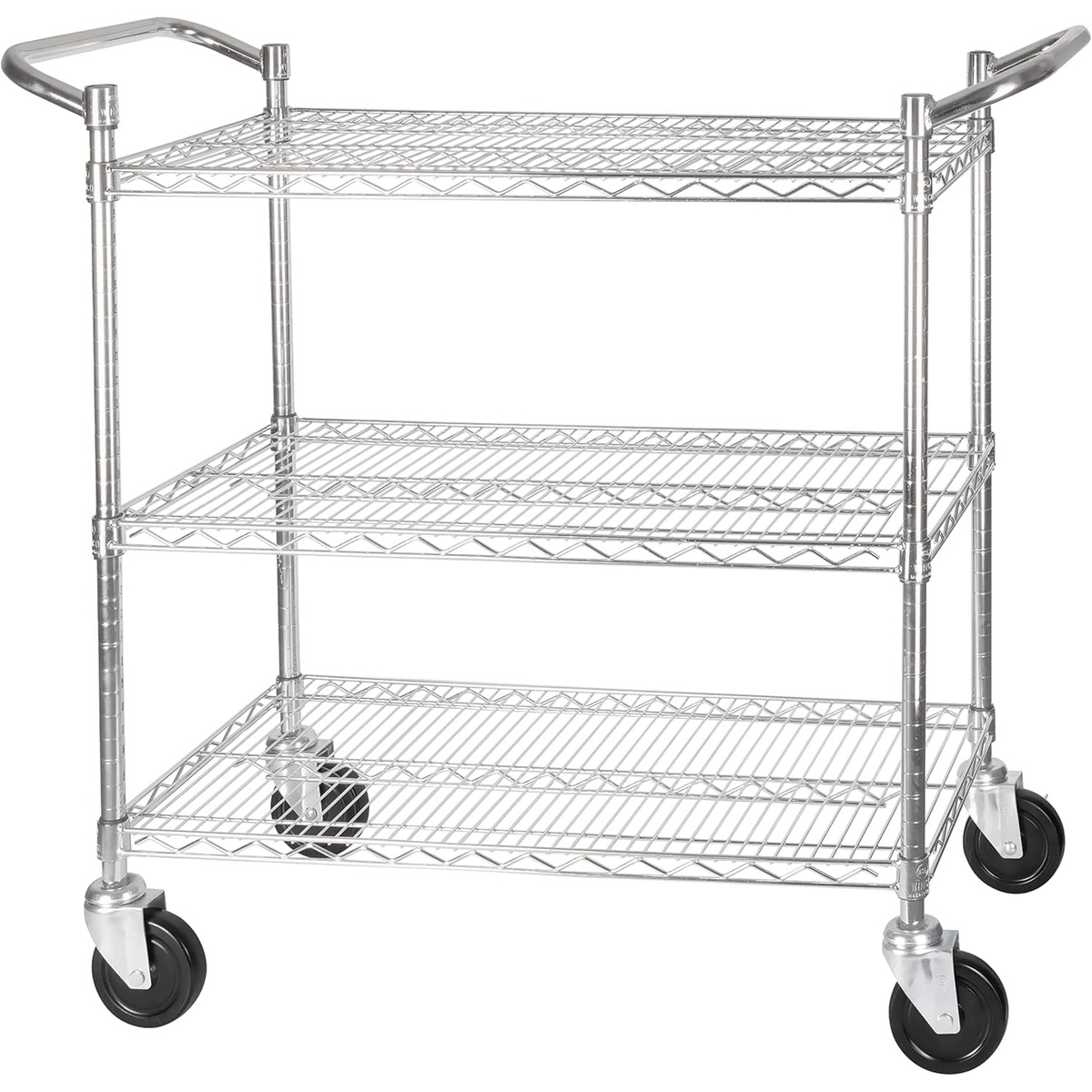 Winco VCCD-2448B chrome-plated 3-tier wire utility cart with dual handles and four swivel casters