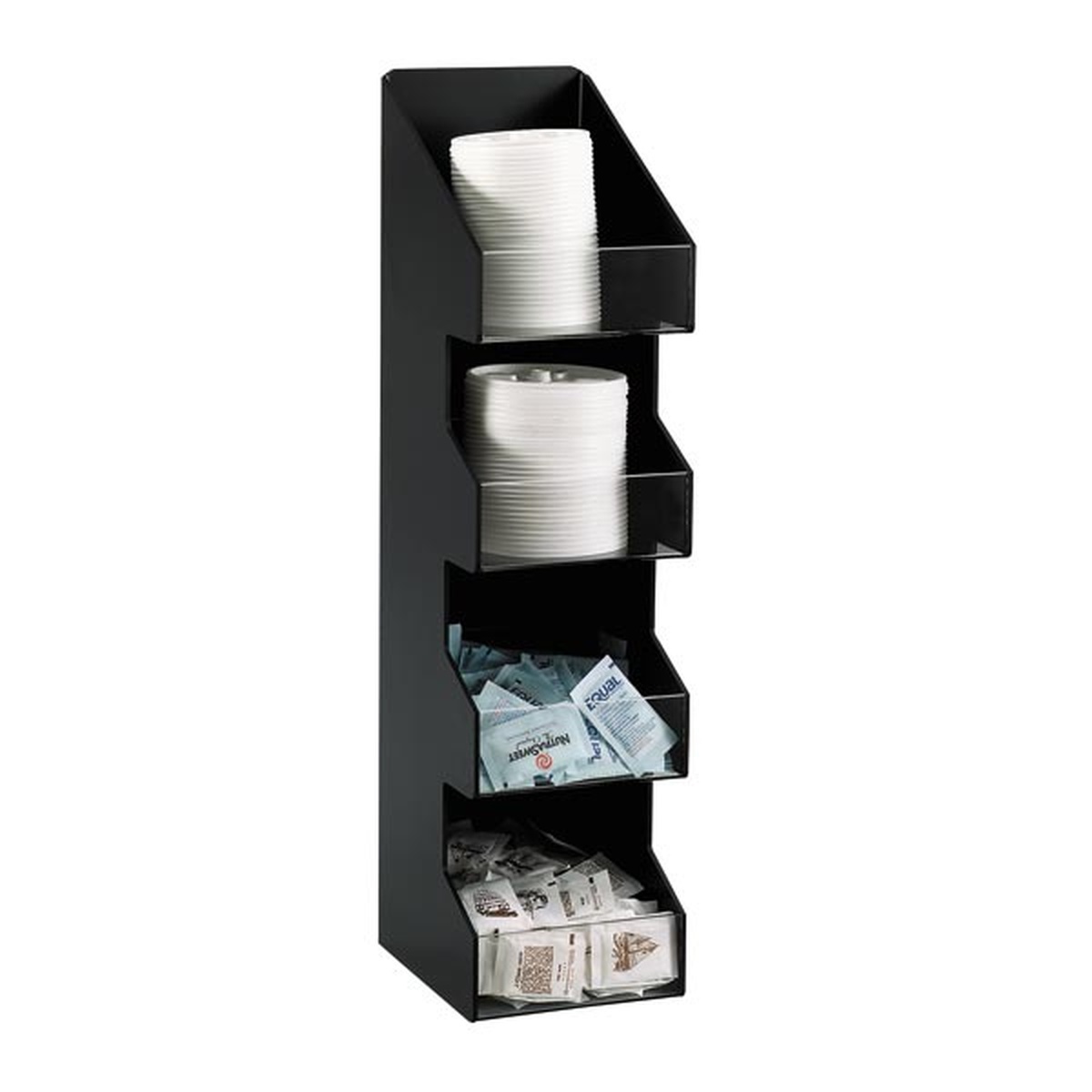 Dispense-Rite VCO series 4-section black countertop lid and condiment organizer holding cup lids and sugar packets