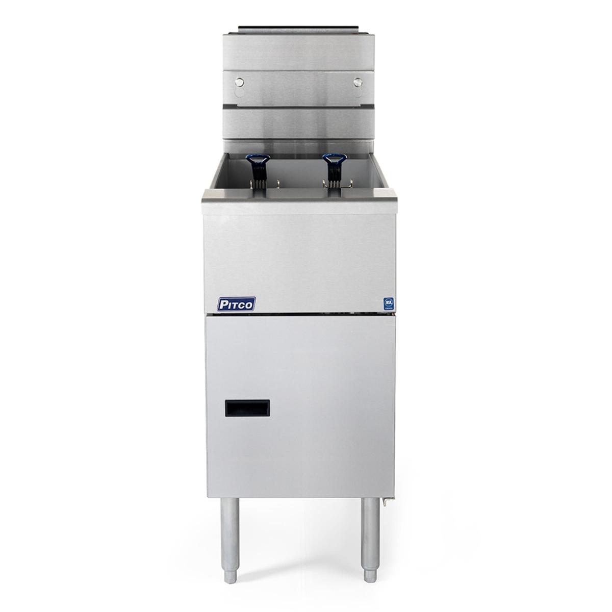 Front view of a Pitco VF-35S stainless steel floor fryer