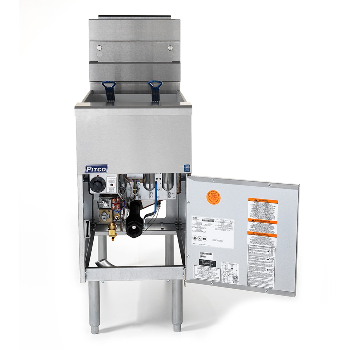 Pitco VF-35S fryer with the front door open showing internal components