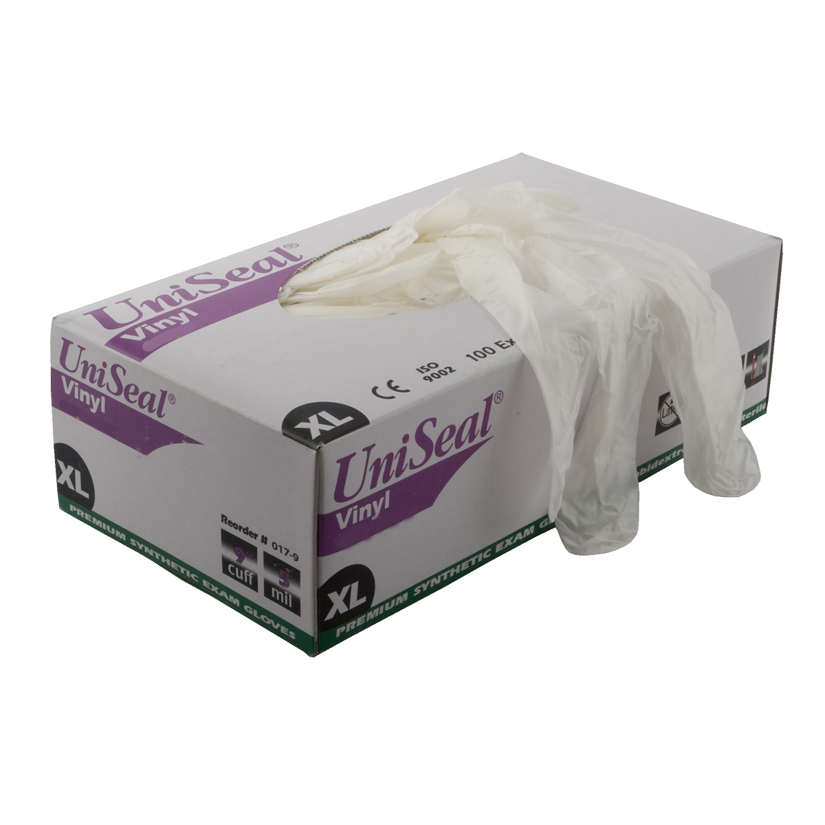 UniSeal Vinyl XL gloves dispensing box with a single glove pulled out from the top opening