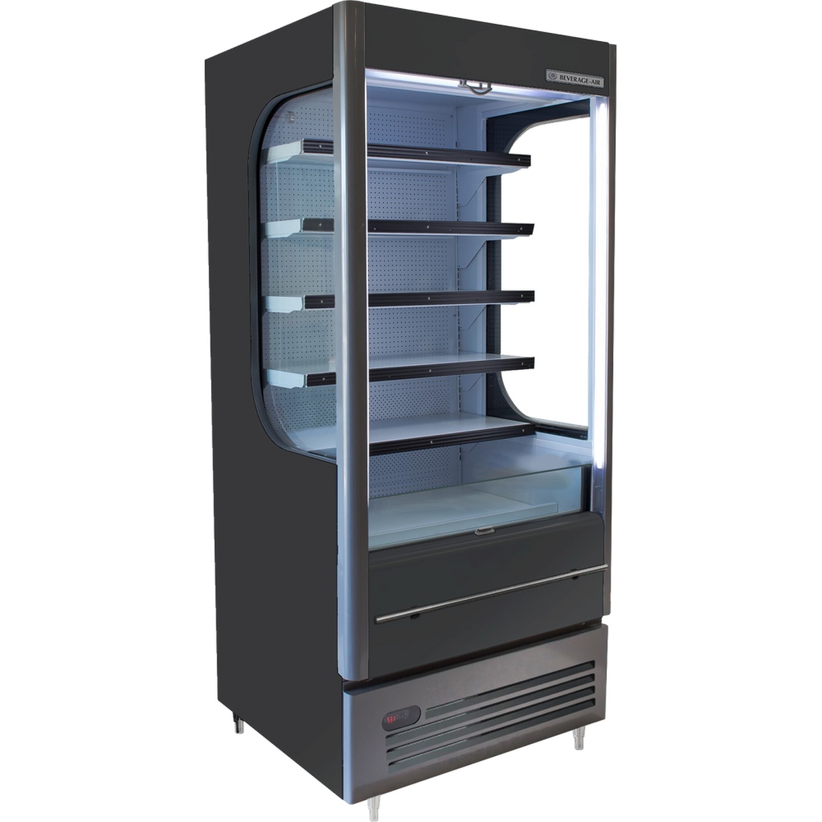 Beverage Air VMHC-12-1-G VueMax open-air merchandiser with gray powder-coated exterior, five shelves, LowE glass sides, and LED interior lighting