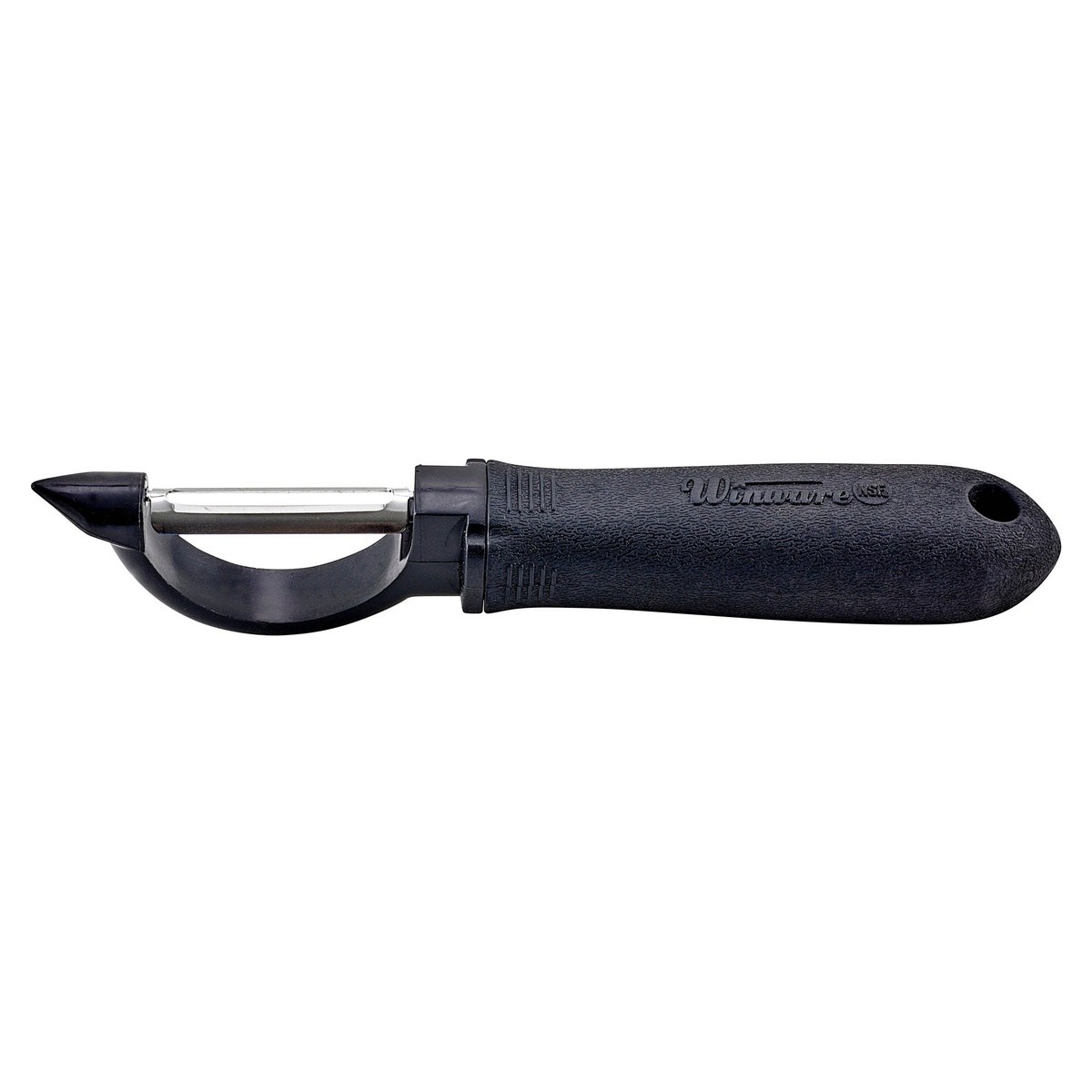 Winco VP-303 straight peeler with black soft grip handle and stainless steel straight blade