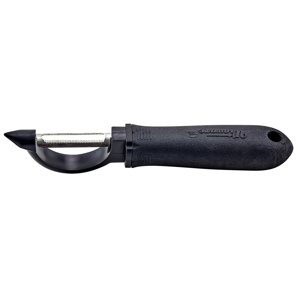 Winco VP-304 straight peeler with serrated stainless steel blade and black soft-grip handle, showing hang hole at end