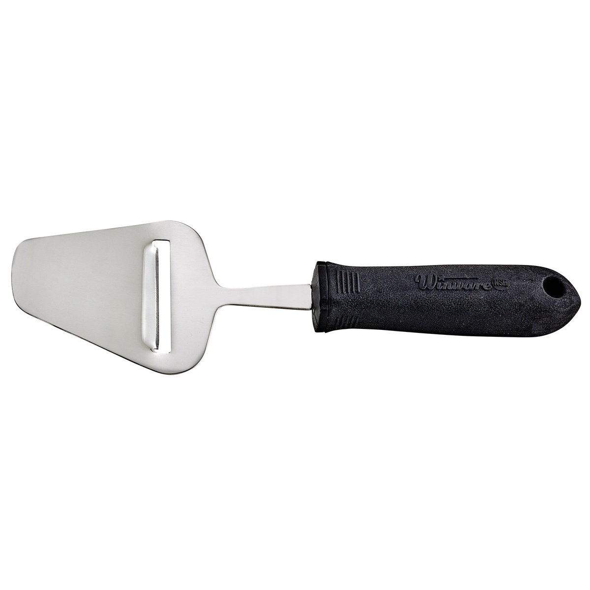 Winco VP-309 9-inch cheese plane with stainless steel blade and black soft-grip handle on white background