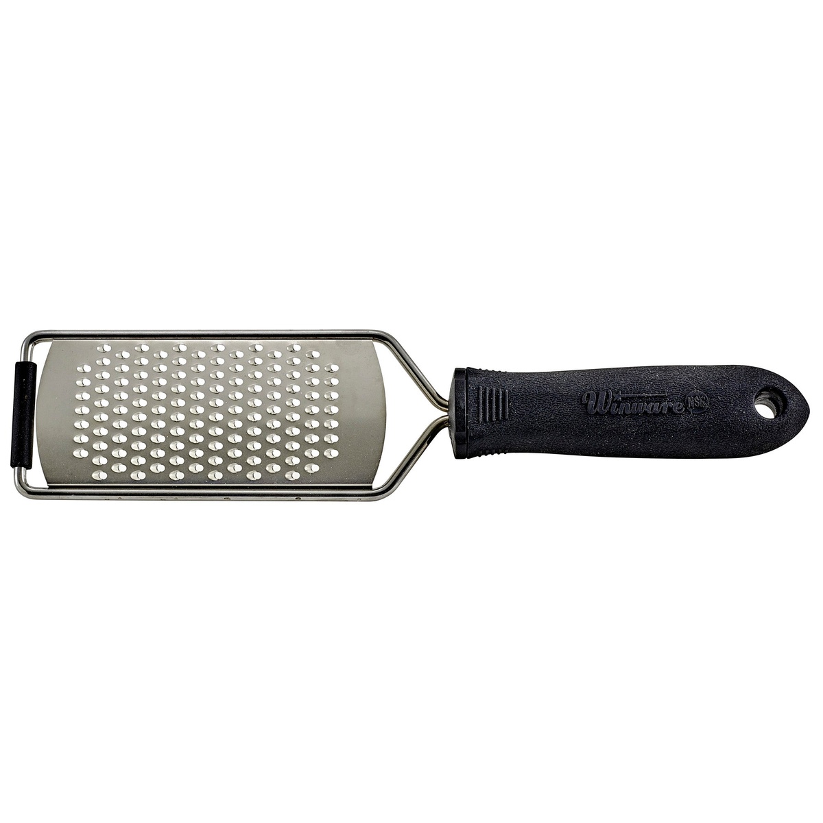 Winco VP-311 handheld grater with stainless steel fine-hole grating surface and black soft grip handle