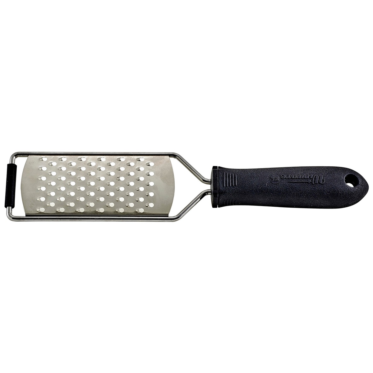 Winco VP-312 10-inch stainless steel handheld grater with black soft-grip handle and 3mm medium holes