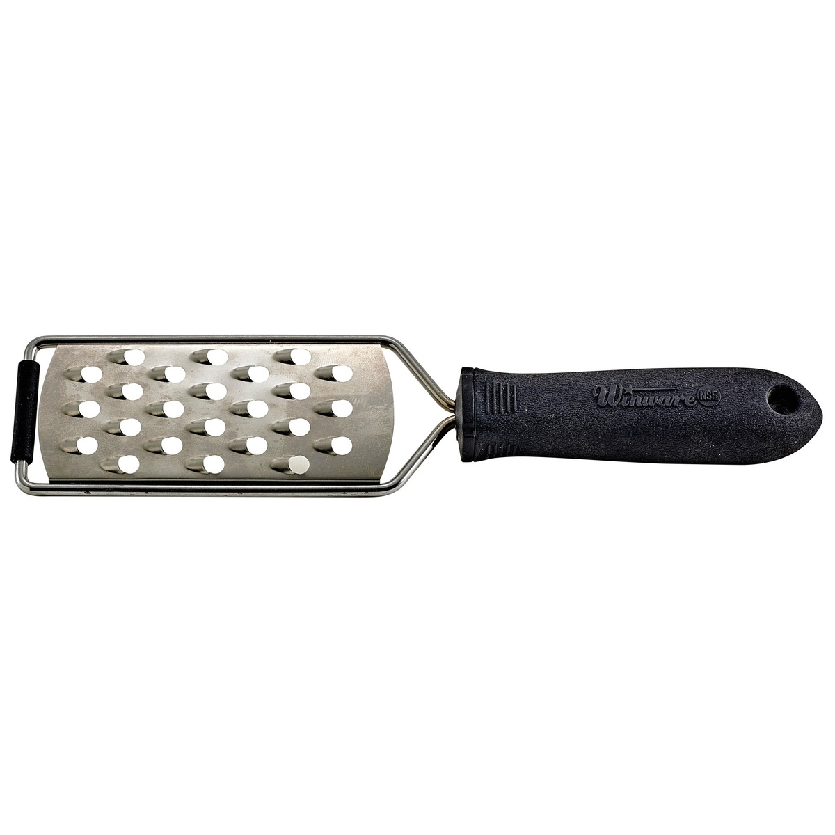 Winco VP-313 stainless steel grater with large 6mm holes and black soft-grip handle on white background