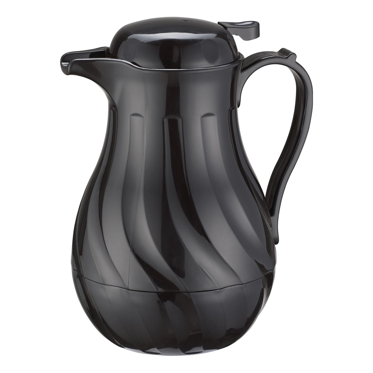 Winco VSW-64K 64 oz black plastic insulated beverage server with swirl design and push-button lid