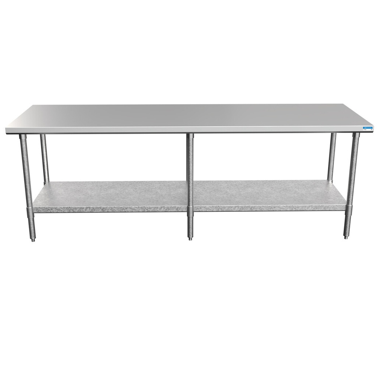 BK Resources VTTOB-9630 stainless steel work table with galvanized undershelf, front view