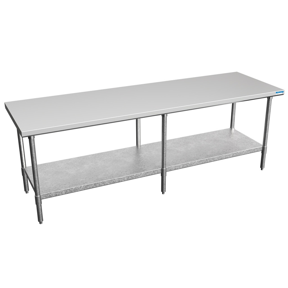BK Resources VTTOB-9630 stainless steel work table with galvanized undershelf, angled view