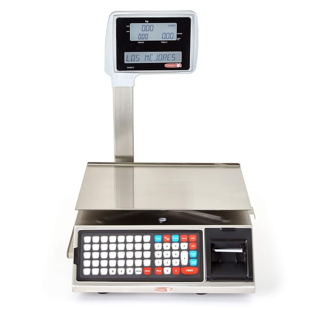 Torrey W-Label-40L stainless steel labeling scale front view showing full keyboard layout with PLU and print keys, turret LCD display, and integrated printer slot