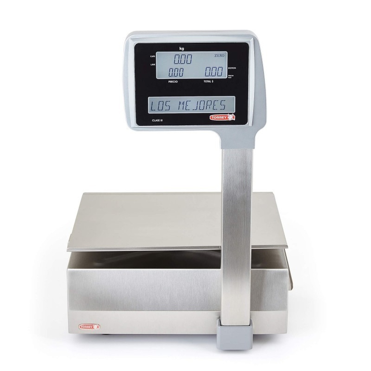 Torrey W-Label-40L scale close-up side view highlighting brushed stainless steel casing, turret display pole, and stainless steel weighing platform
