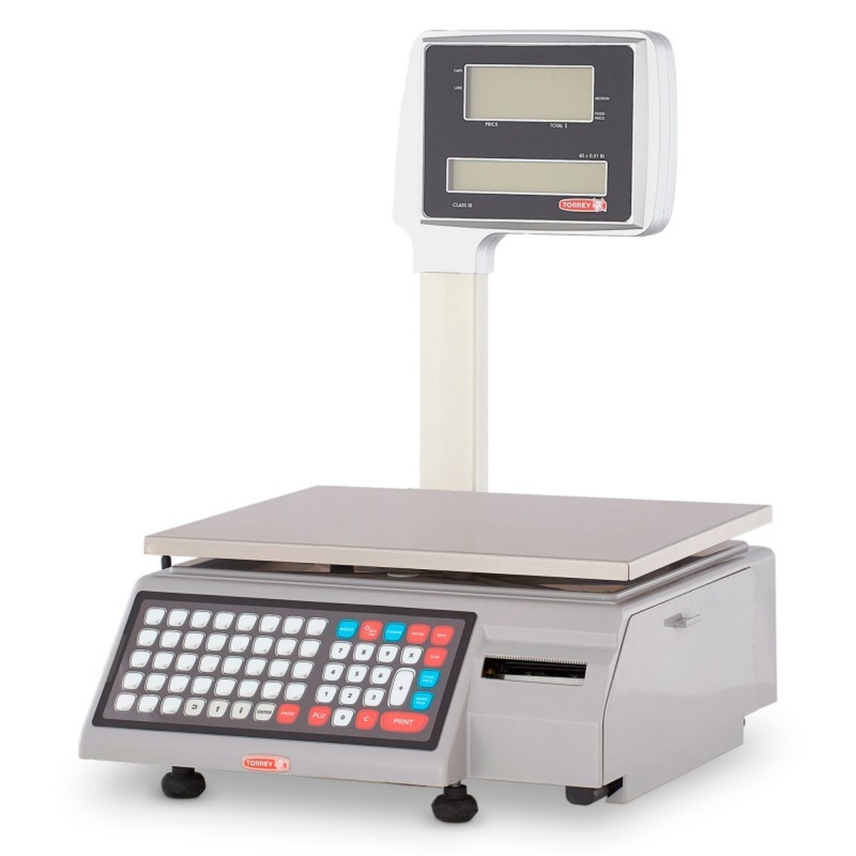 Torrey W-Label-40L price computing scale in gray casing with turret-mounted LCD display showing 40 x 0.01 lb rating and Class III certification