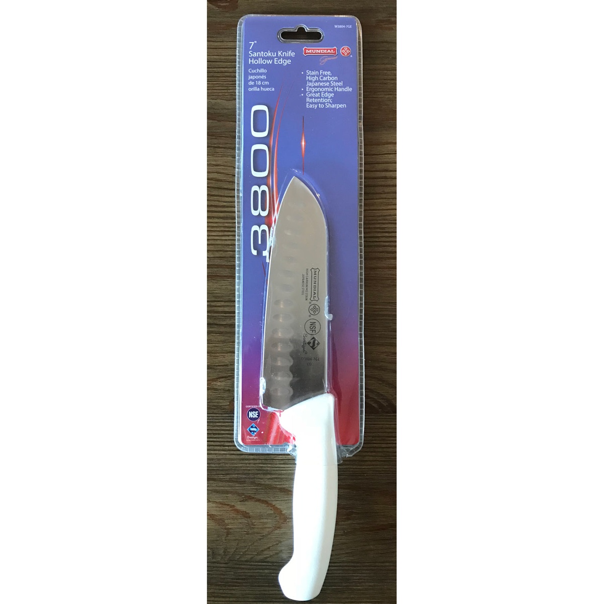 Mundial W3804-7GE Santoku Hollow Edge Knife in 3800 Series retail blister packaging