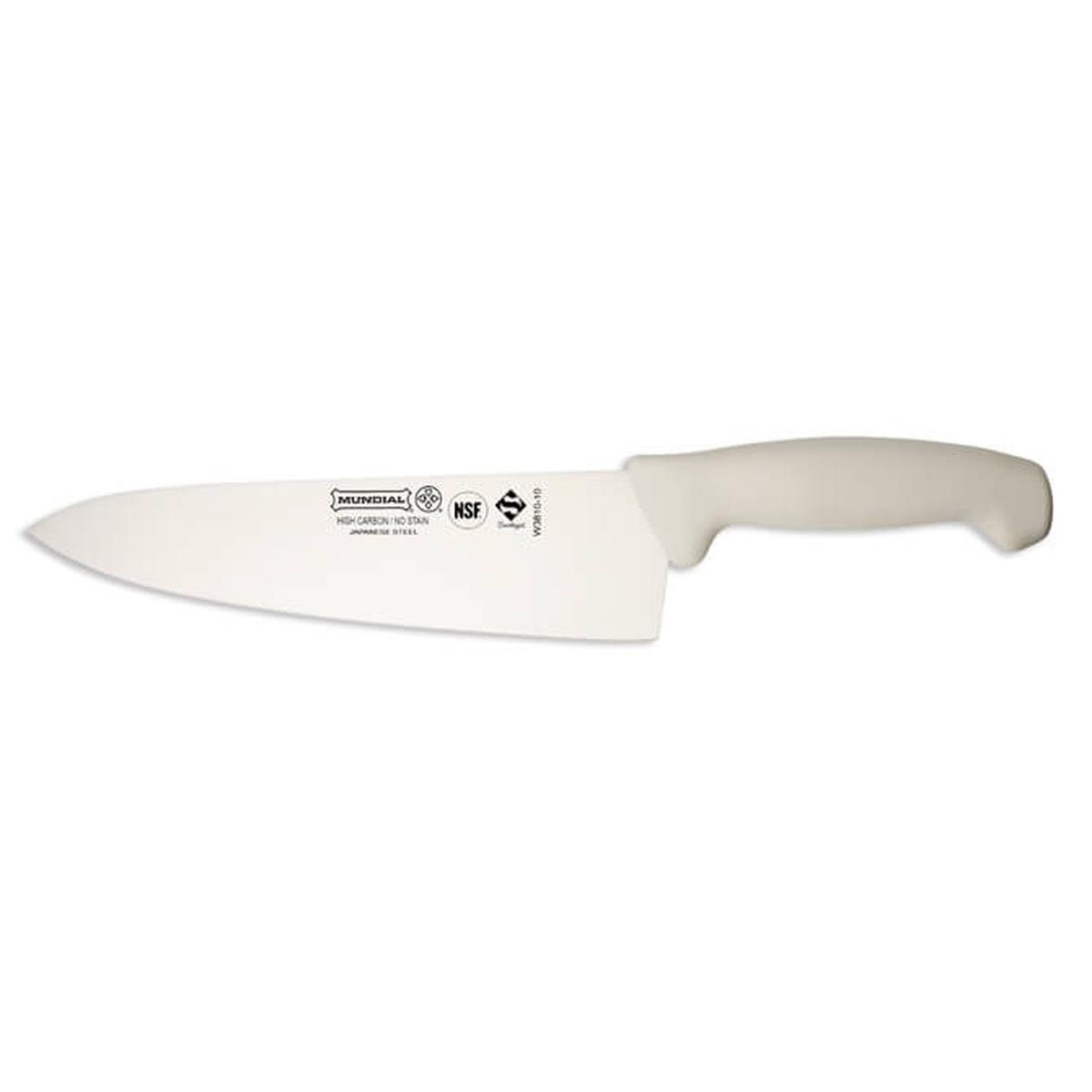 Mundial W3810-10 10-inch chef's knife with white polypropylene handle and high carbon stainless steel blade