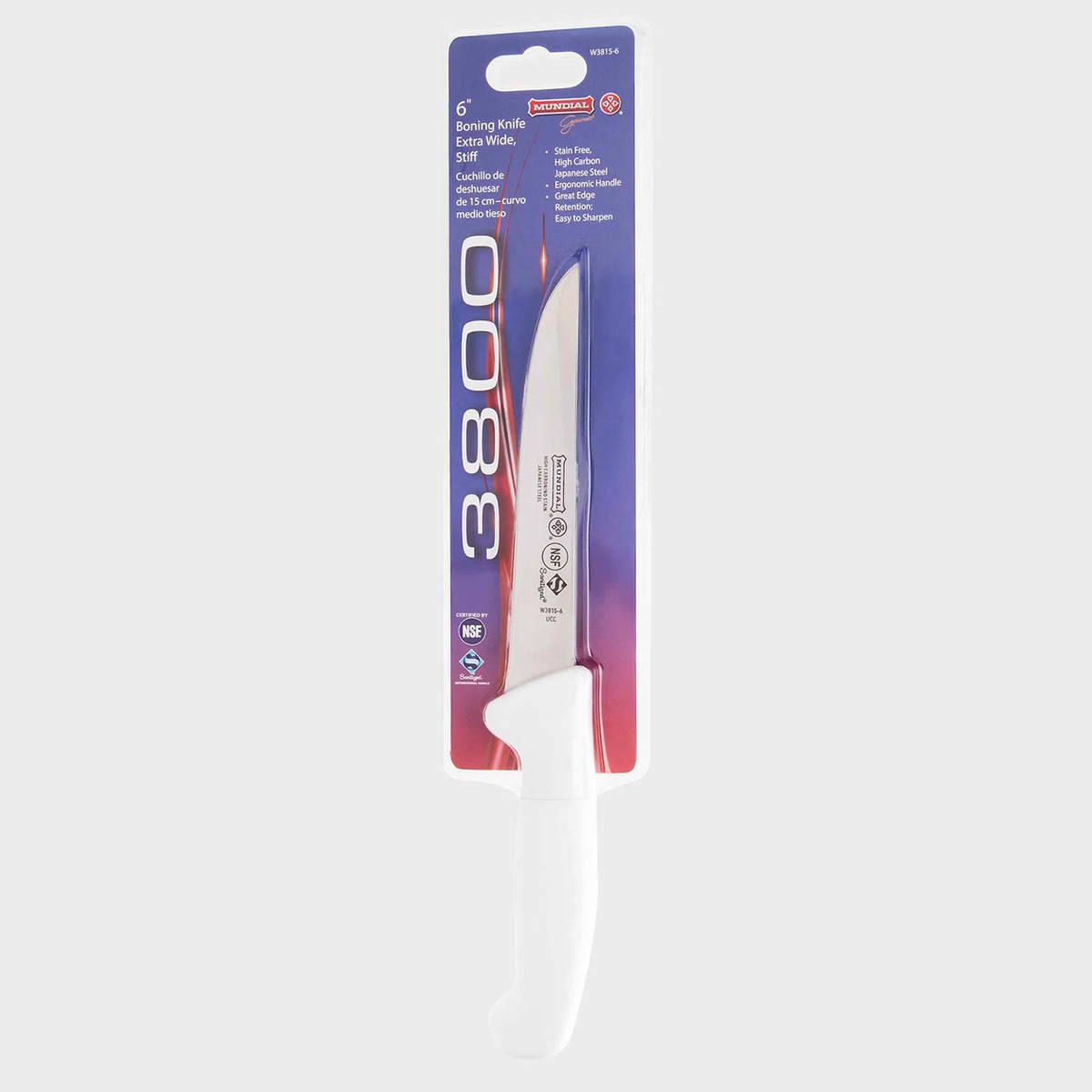 Mundial W3815-6 6-inch boning knife in retail blister packaging showing white polypropylene handle and curved stiff blade