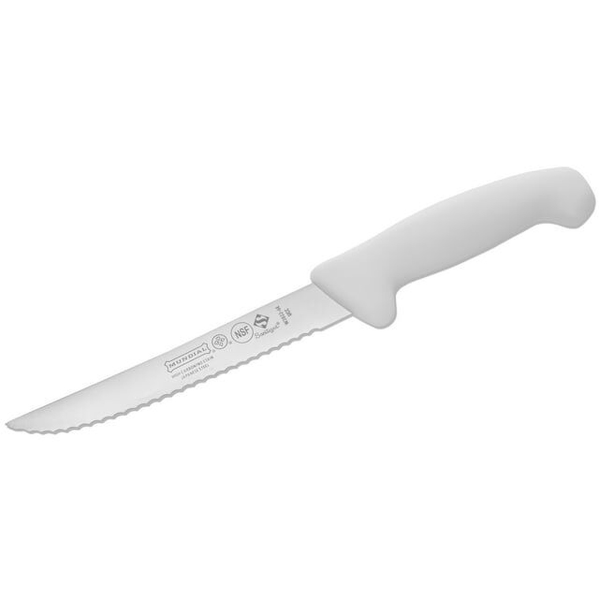 Mundial W3822-6E 6-inch serrated utility knife with white polypropylene handle on white background