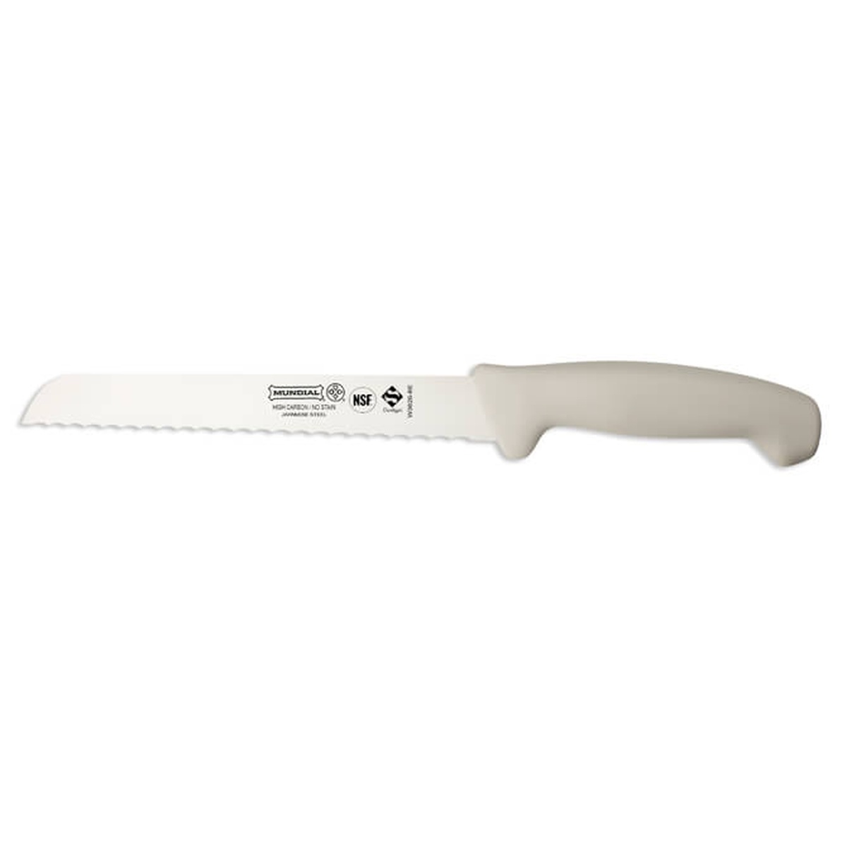 Mundial 8 inch serrated slicer knife with white handle