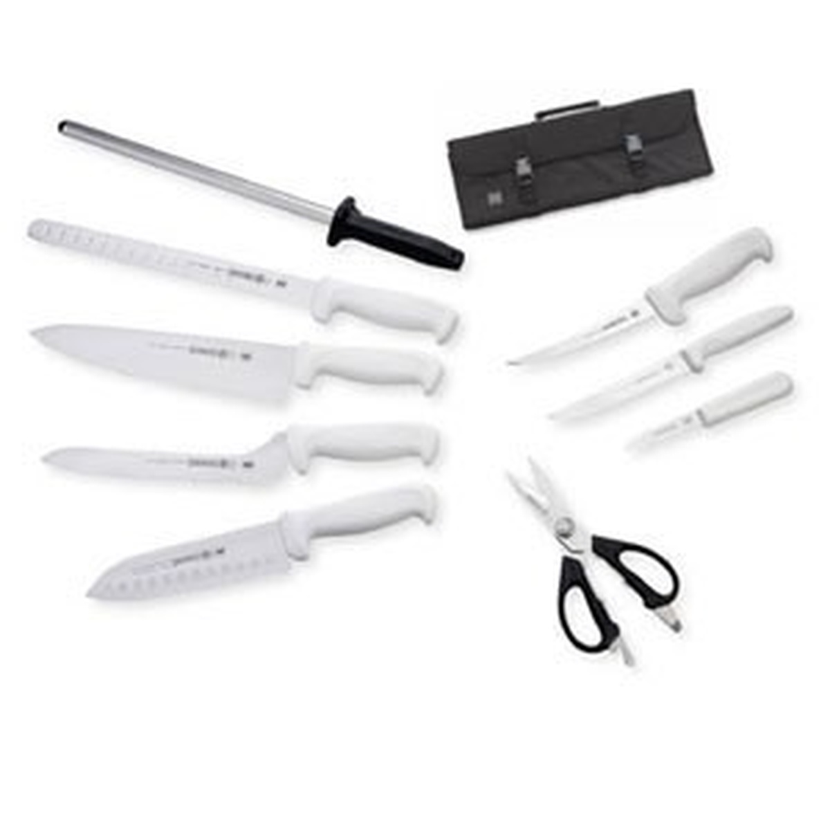 Mundial W56-984 10-piece chef's knife set with white handles, sharpening steel, kitchen shears, and black cutlery case