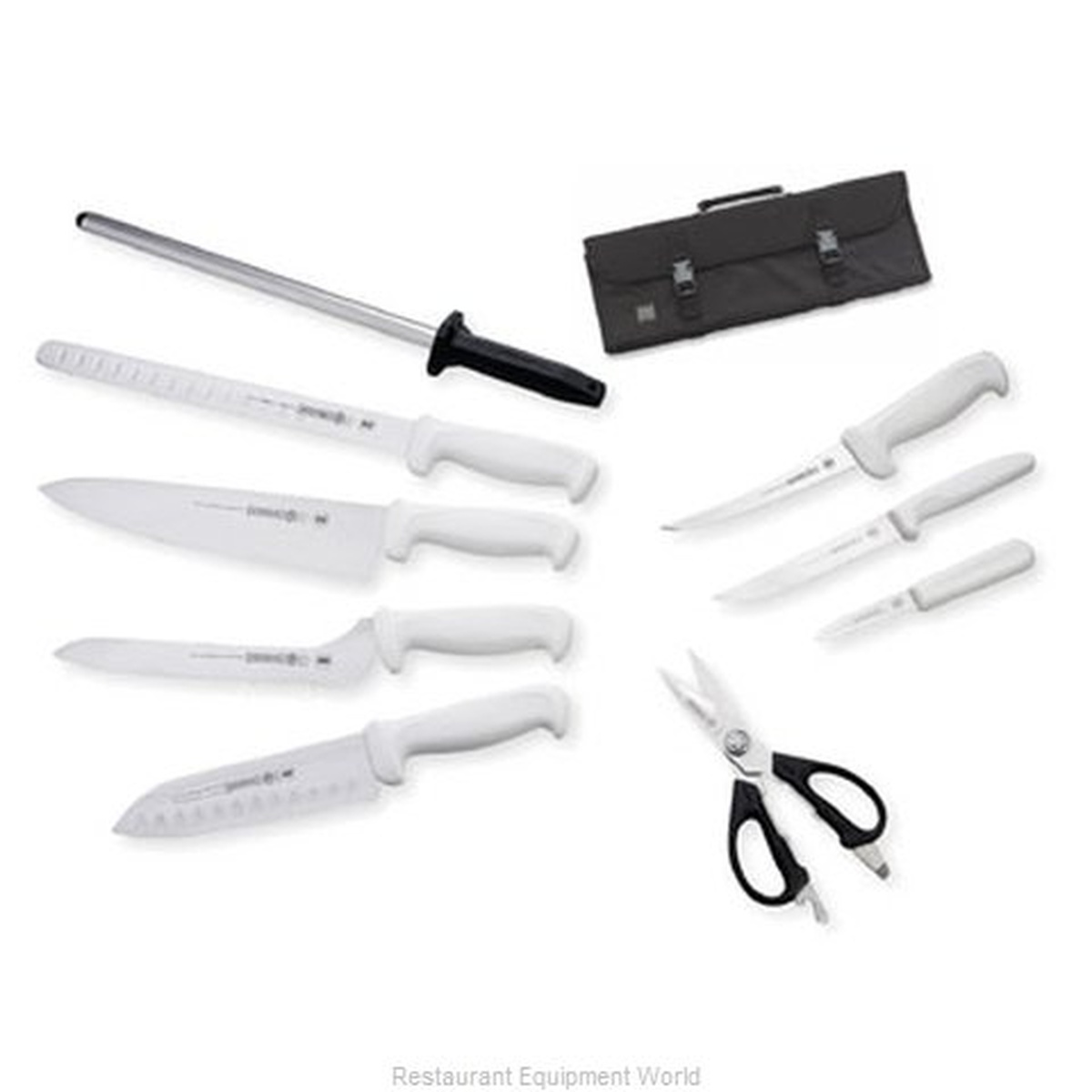 Mundial W56-984 10-piece chef's knife set laid out showing all knives, shears, sharpening steel, and roll bag