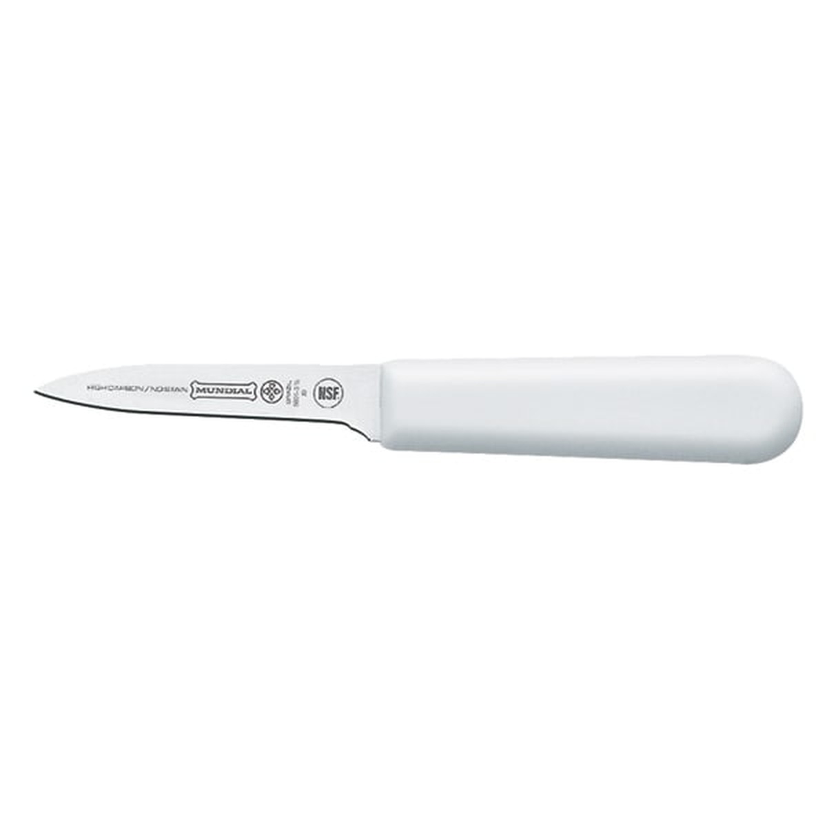 Mundial 3.25 inch white handled paring knife with NSF logo on blade