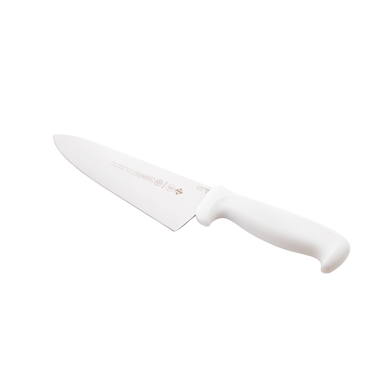 Close view of Mundial cook's knife blade and ergonomic white handle