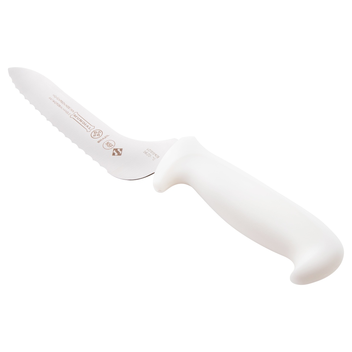 Mundial W5620-7E sandwich knife angled view highlighting the offset bolster and ergonomic white polypropylene handle