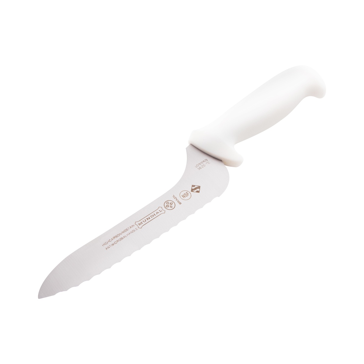 Mundial W5620-7E offset sandwich knife full side view showing serrated blade and white handle with NSF and Mundial branding
