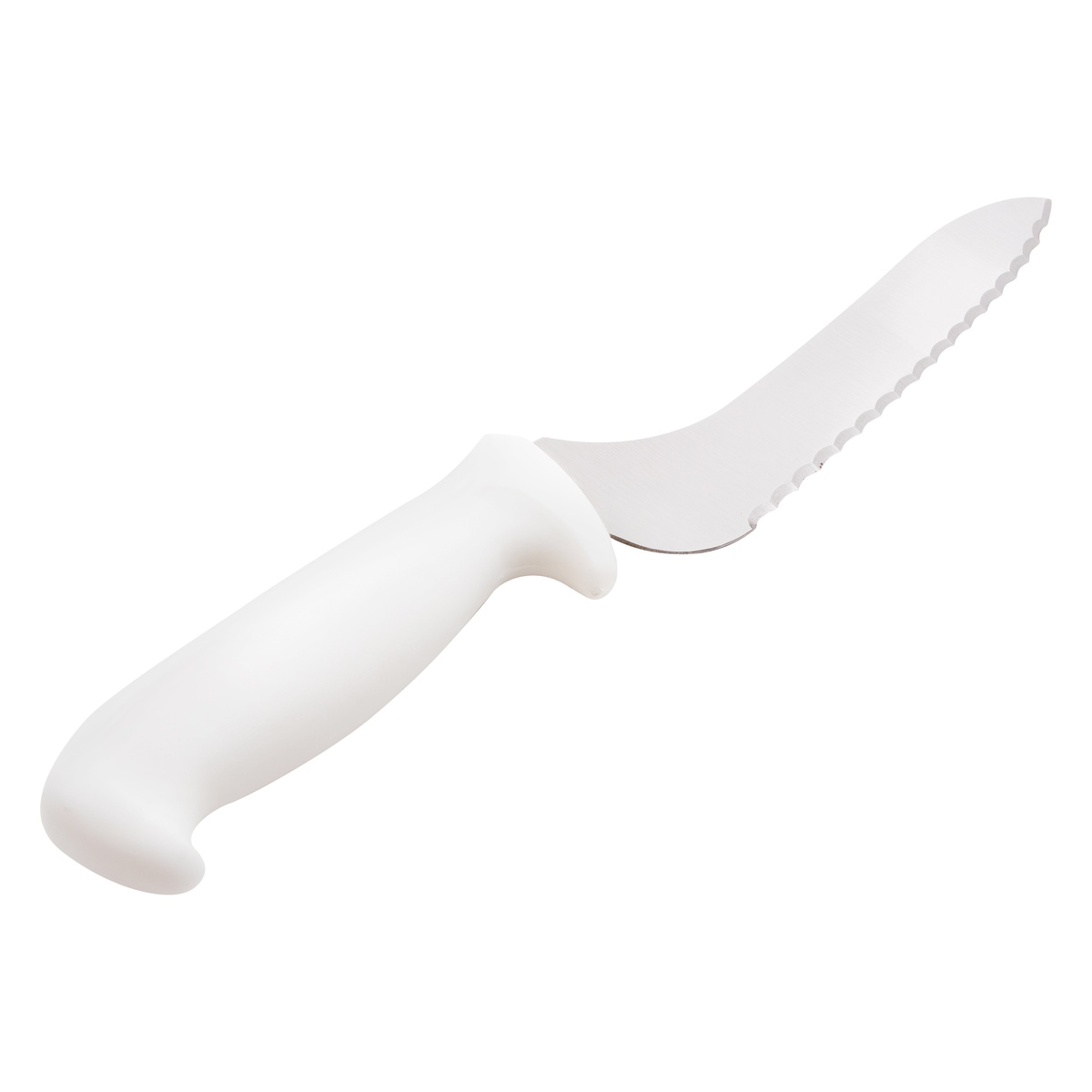 Mundial W5620-7E close-up handle view showing the contoured white polypropylene grip and finger guard detail