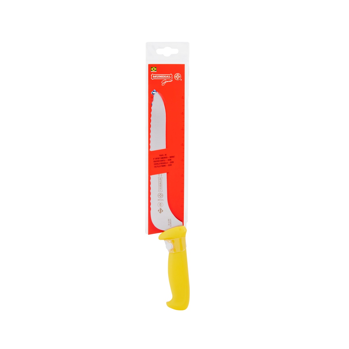 Packaged Mundial 9-inch offset serrated sandwich knife with yellow handle
