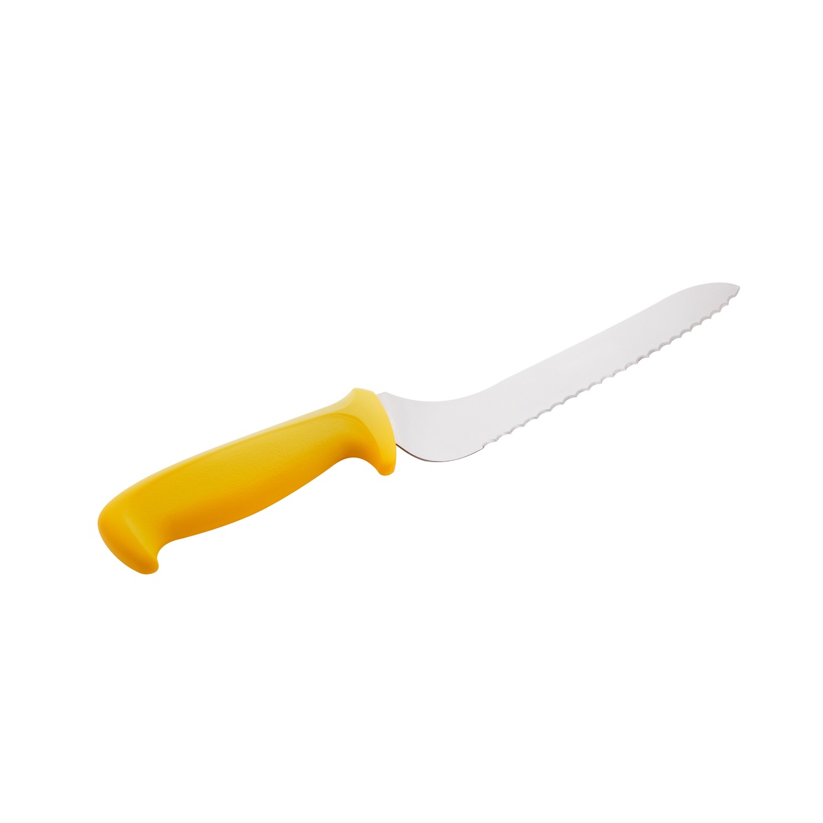Close angle of serrated blade and yellow handle on Mundial sandwich knife