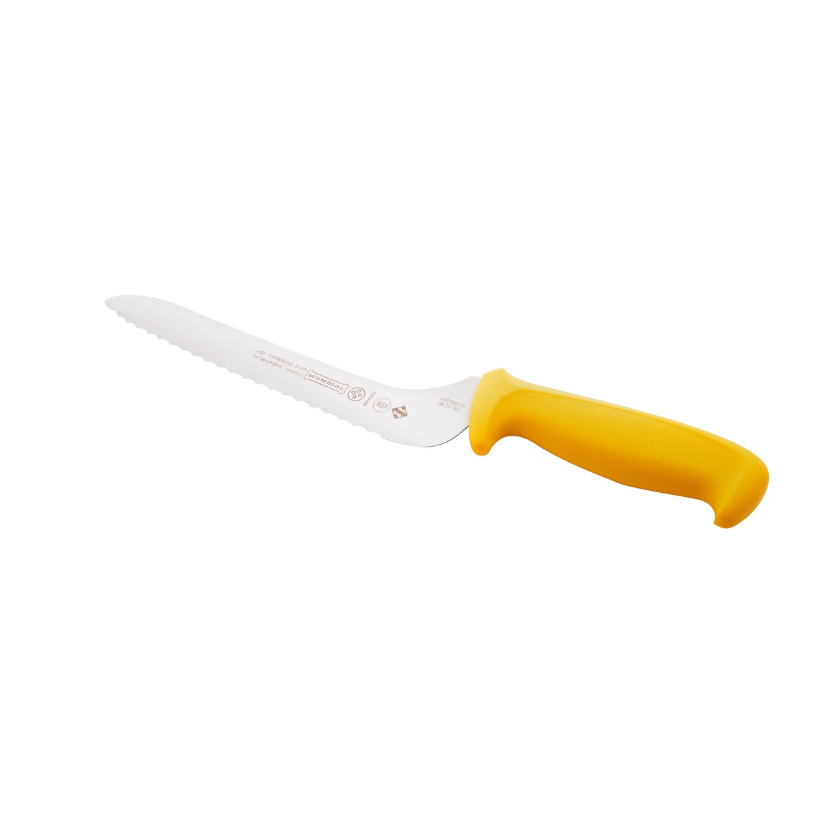 Side view of Mundial offset serrated sandwich knife with yellow polypropylene handle
