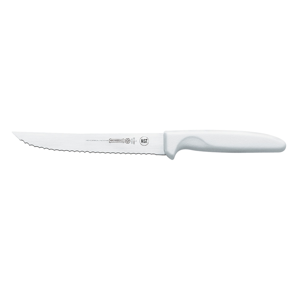 Mundial W5622-6E 6-inch utility knife with white polypropylene handle and serrated high-carbon stainless steel blade
