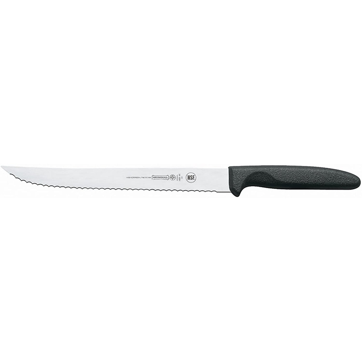 Mundial W5622-8E 8-inch serrated utility knife with black polypropylene handle on white background