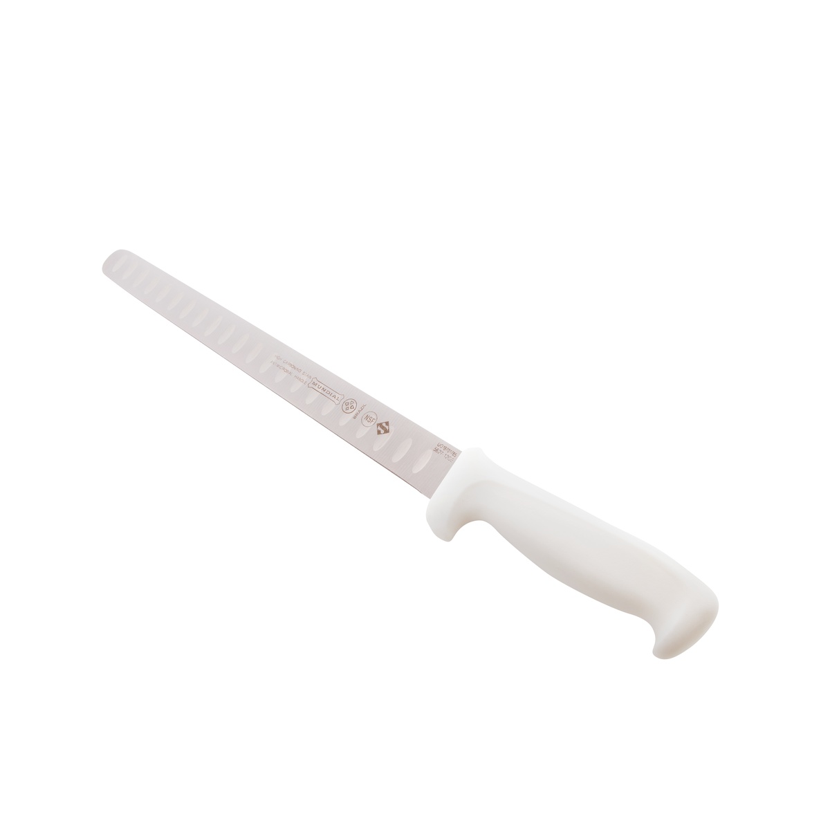 Angled view of the 12 inch Granton edge blade and white ergonomic handle