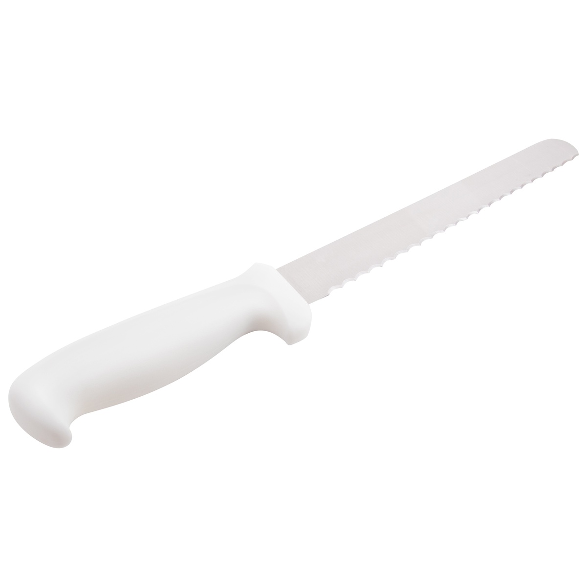 Detail view of the white ergonomic handle of the Mundial W5627-8E slicing knife