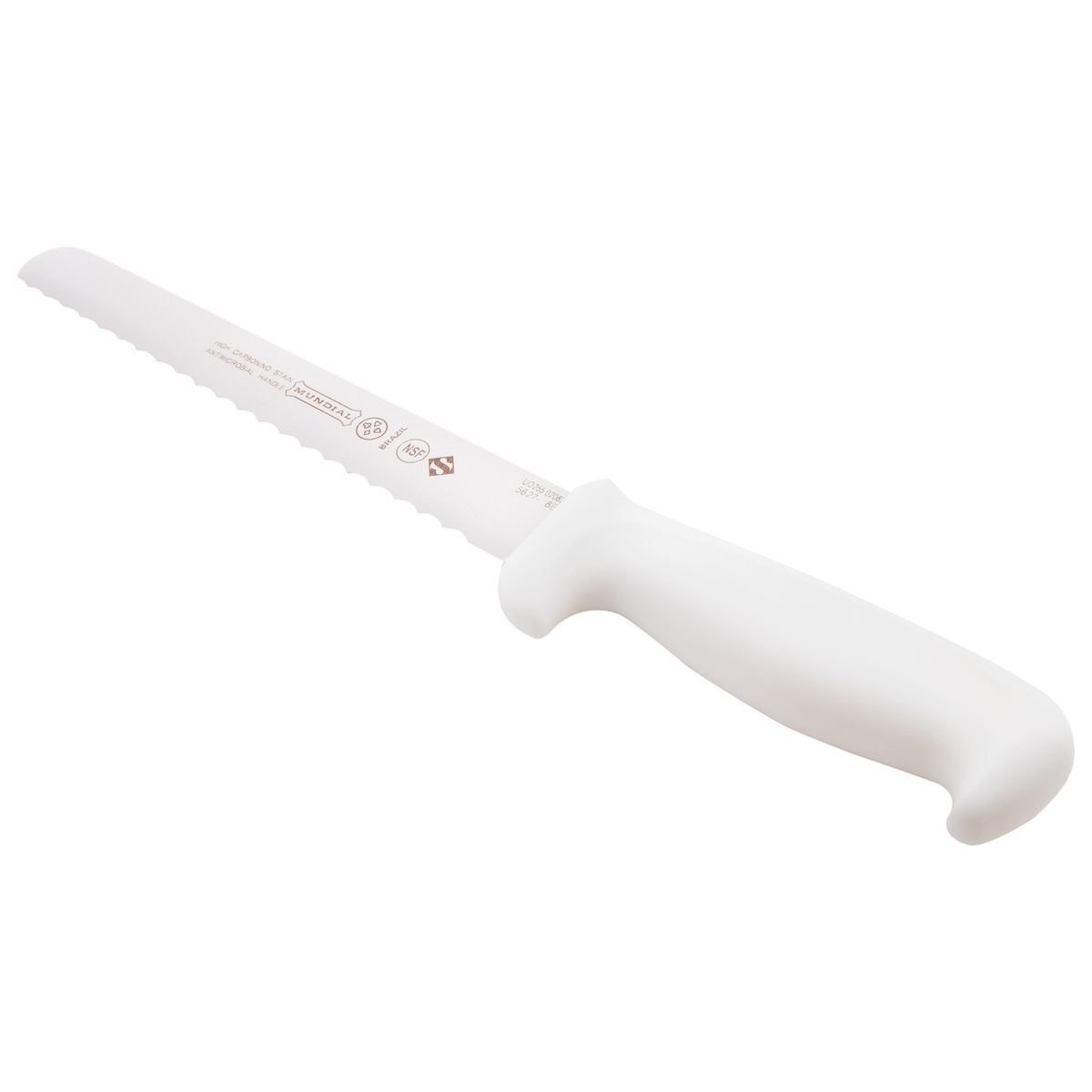 Close-up of Mundial W5627-8E serrated blade and white ergonomic polypropylene handle