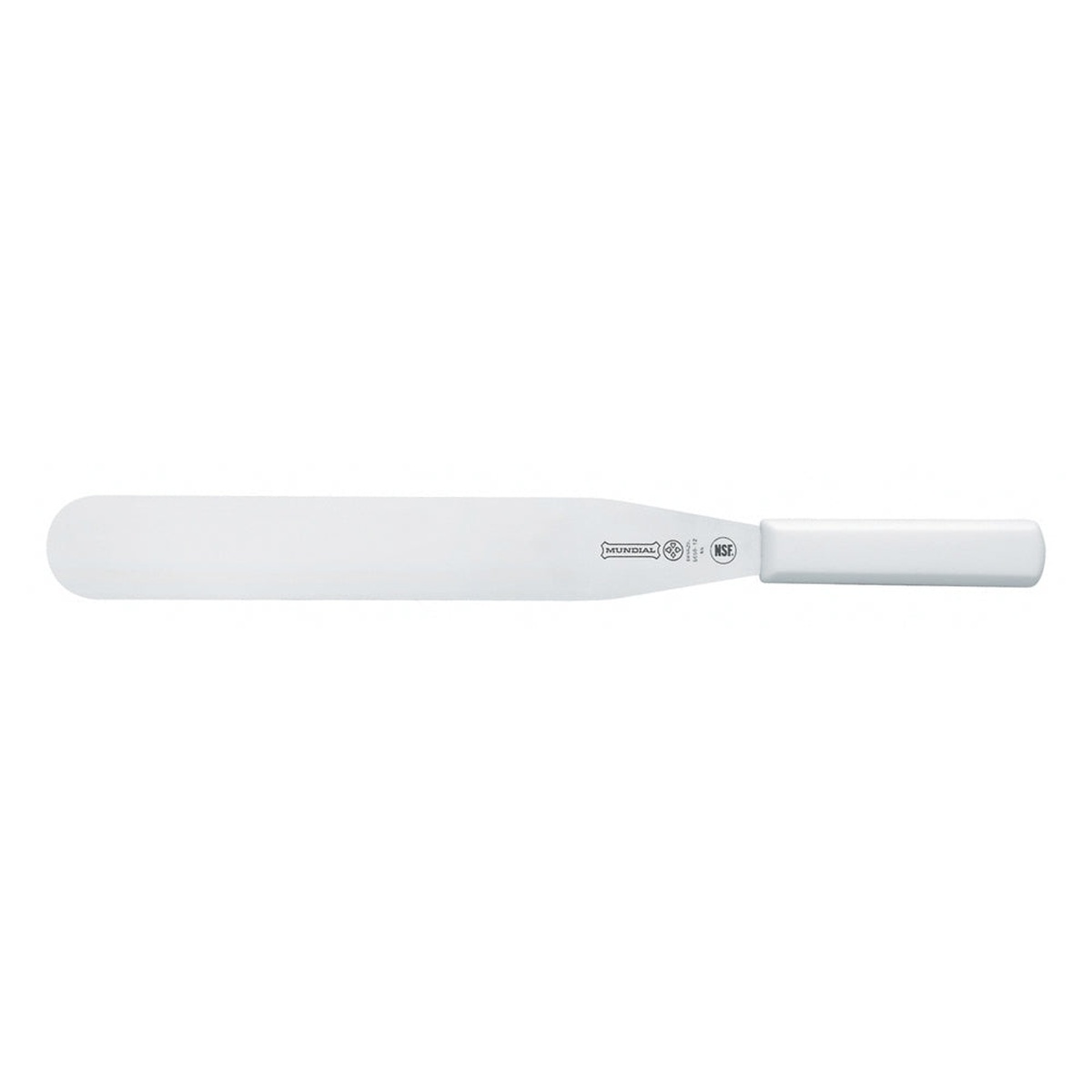 Mundial W5650-12 12-inch stainless steel icing spatula with white polypropylene handle on white background