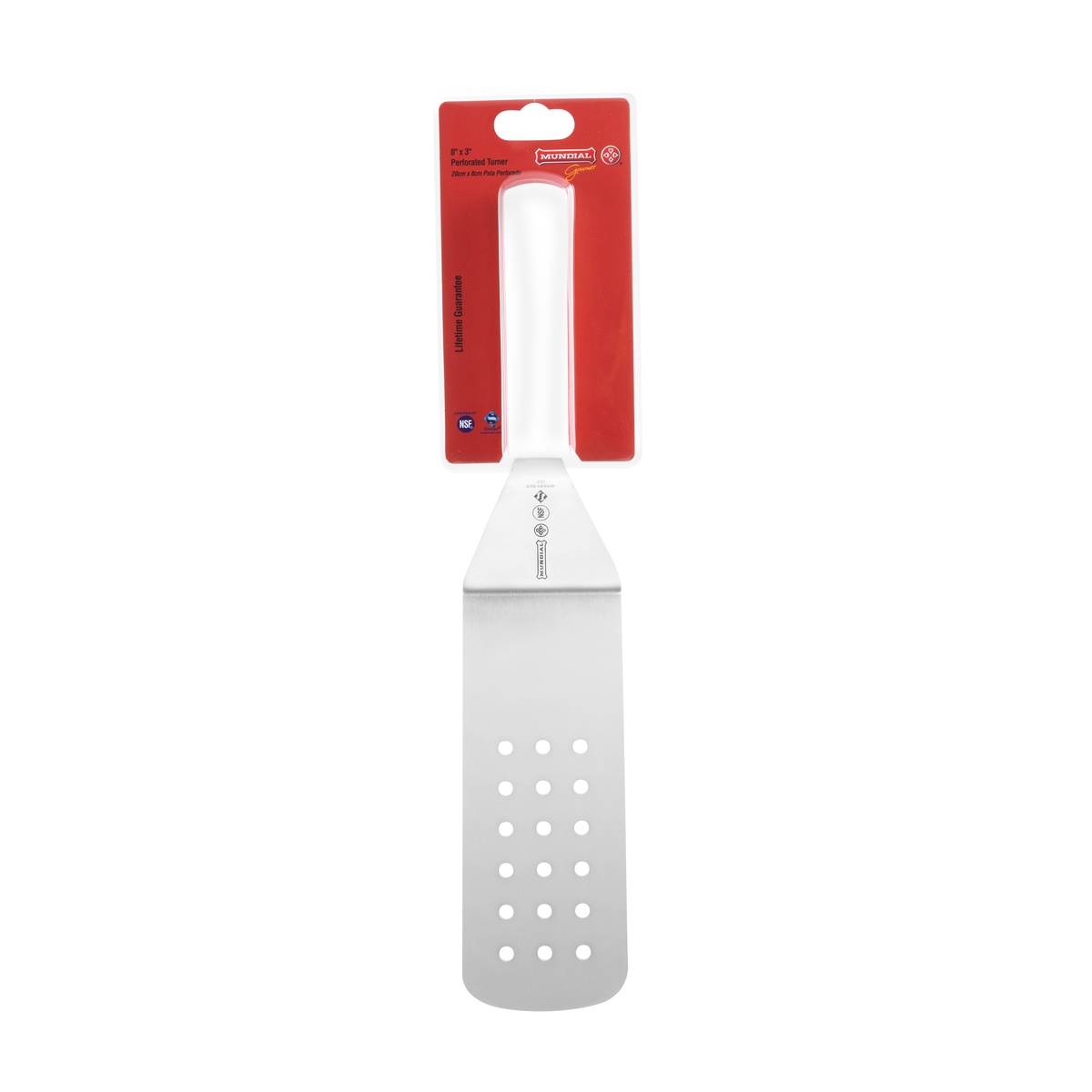 Mundial W5681 perforated turner showing white ergonomic polypropylene handle detail