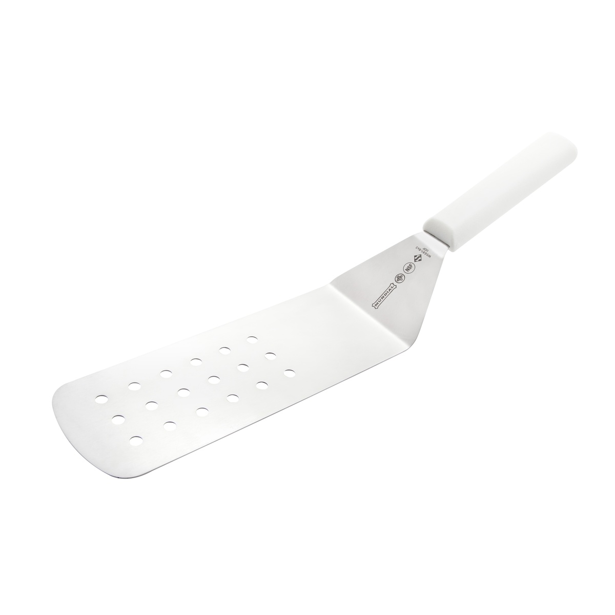 Mundial W5681 perforated turner with white handle and stainless steel blade, front view