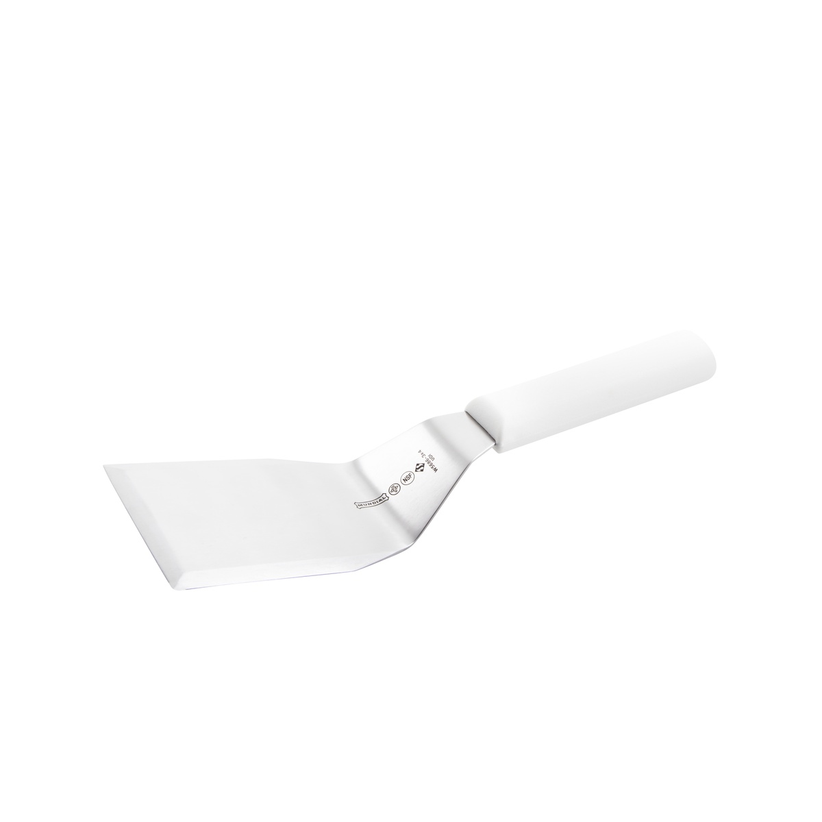 Mundial W5686 hamburger turner with white polypropylene handle and stainless steel blade, NSF certified markings visible